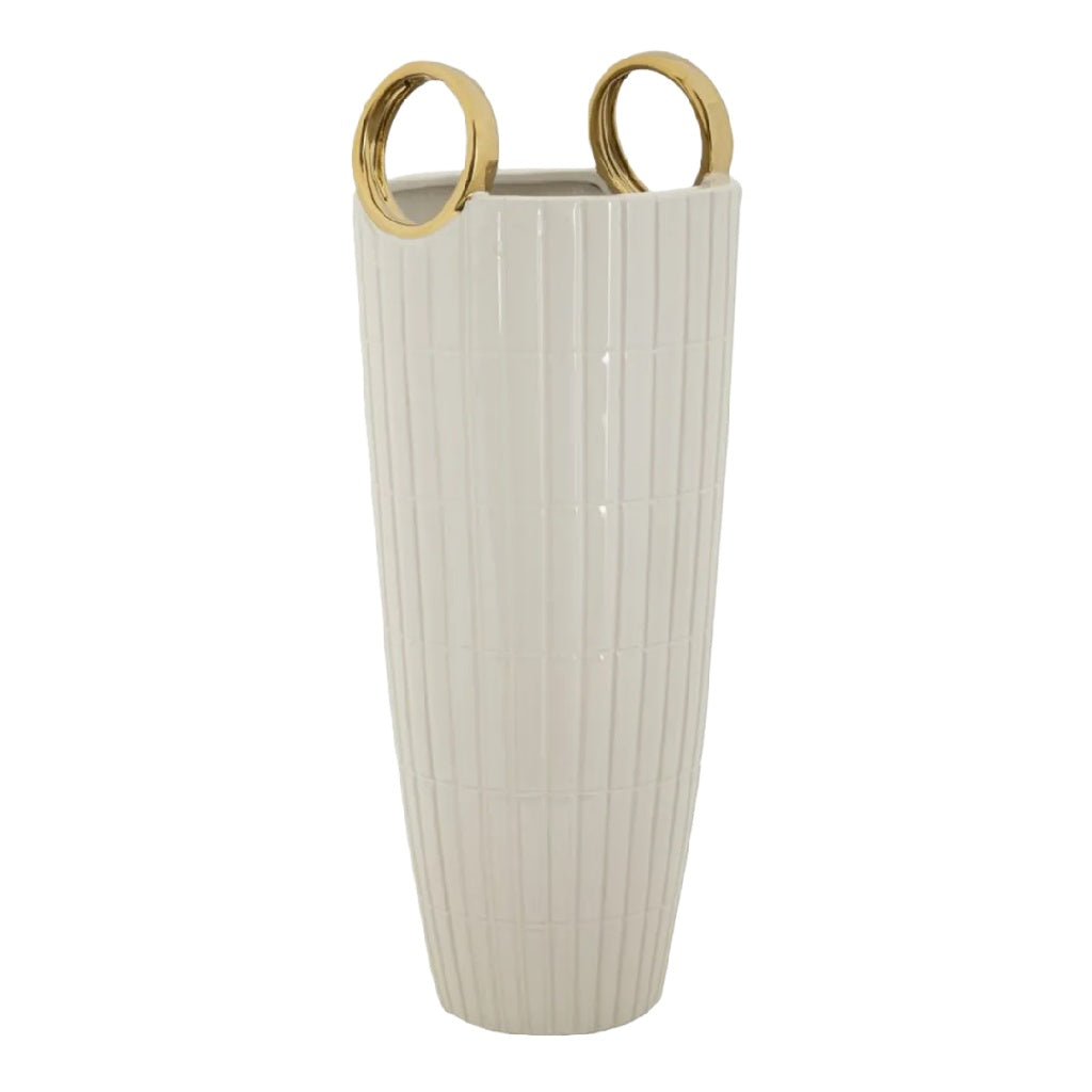 Luxe Witte Keramische Vaas met Gouden Ringhandvaten - Modern Verticaal Ribbelontwerp - Elegante Decoratieve Sculptuur