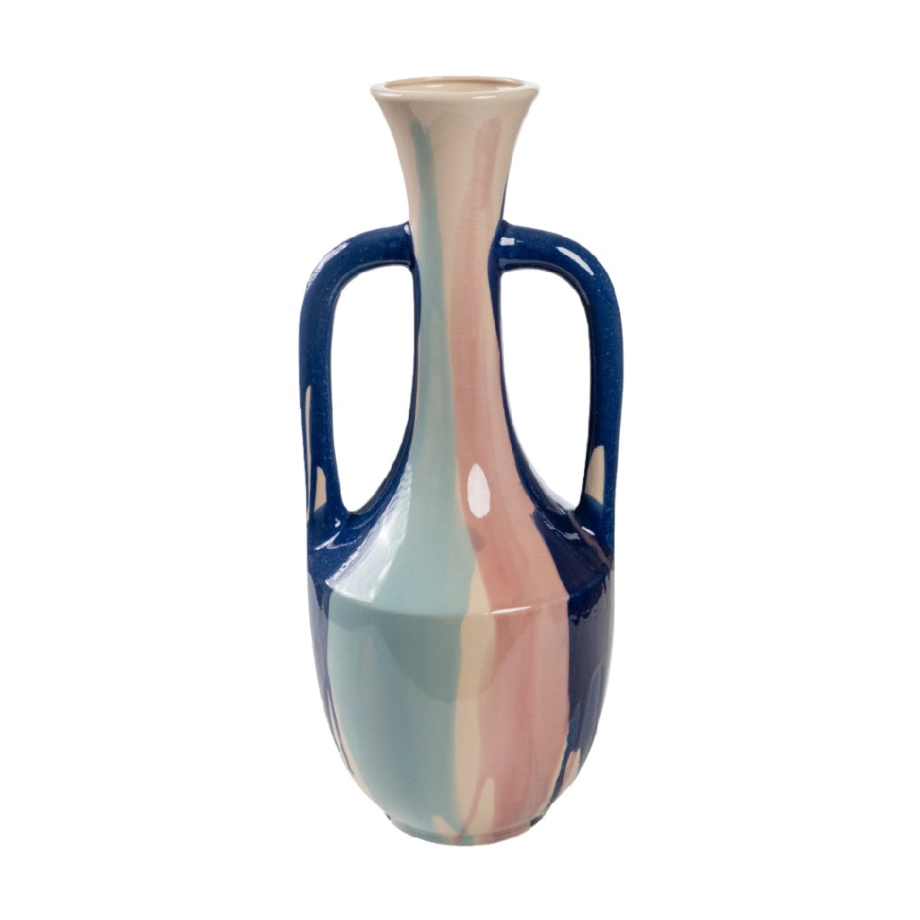 Moderne Keramische Amphora Vaas - Kleurrijk Druipglazuur Design in Blauw en Roze - Artistieke Vaas met Dubbele Handvaten